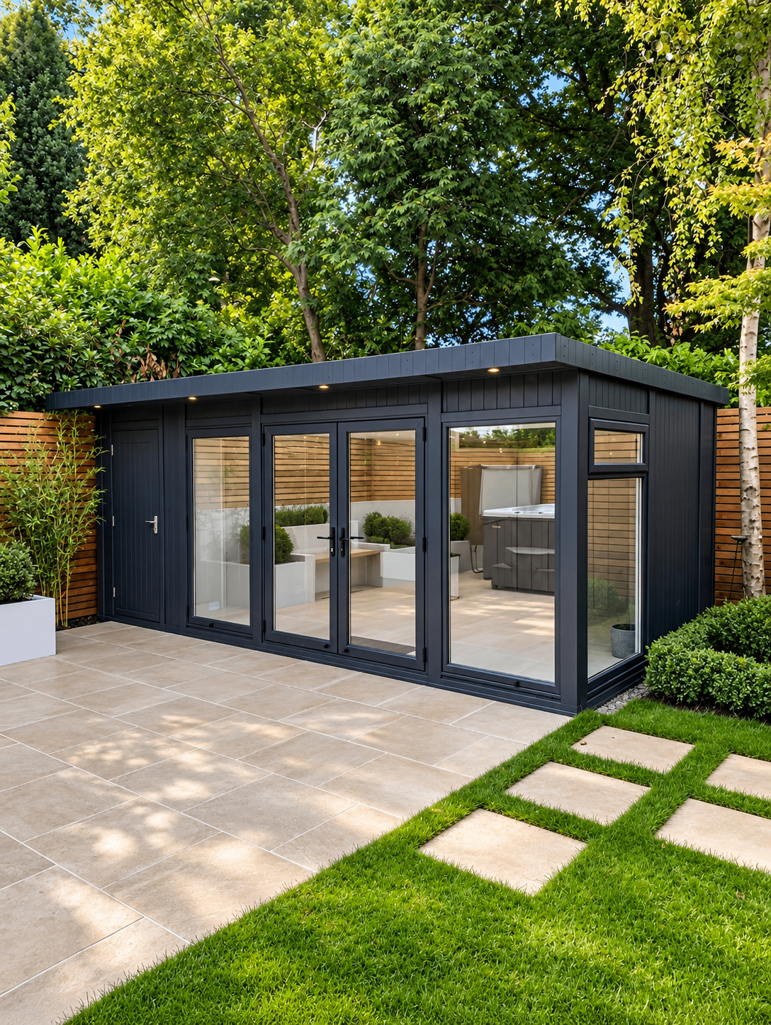 Finished black garden room with full-height glazing, paved terrace and stepping stones through grass