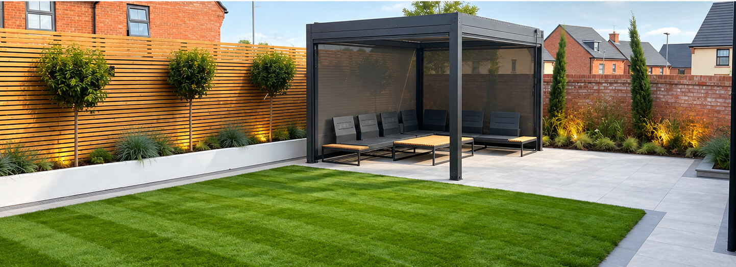 Contemporary pergola seating area beside a lawn with slatted screening and paving
